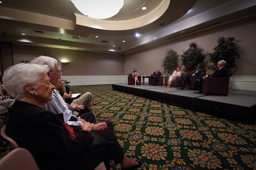 Commentator, on stage, from left, Sharon Grigsby, and panelists Darwin Payne, Lee Cullum, Rev. Gerald Britt and Bill Lively discuss the history of Dallas at The Dallas Morning News’ 125th Anniversary Symposium Saturday afternoon in the Hughes-Trigg Ballroom.