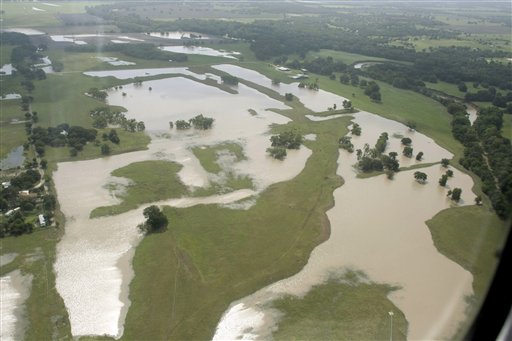 This aerial photo shows farmland near Temple, Texas on Thursday, Sept. 9, 2010, flooded by heavy rains from Tropical Storm Hermine. Texas Gov. Rick Perry toured central parts of the state Thursday and issued a disaster declaration for 40 counties.
