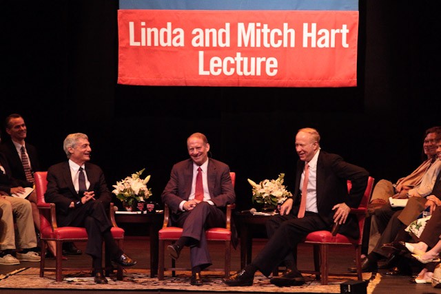 Robert Rubin, from left, Richard Haass and commentator David Gergen speak at the Linda and Mitch Hart Lecture, as part of the Willis M. Tate lecture series Tuesday evening in McFarlin Auditorium.