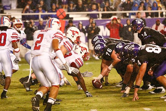 The TCU offense prepares to snap the ball against the SMU defense during the Oct. 3, 2009 State Farm Battle for the Iron Skillet game at Amon G. Carter Stadium.