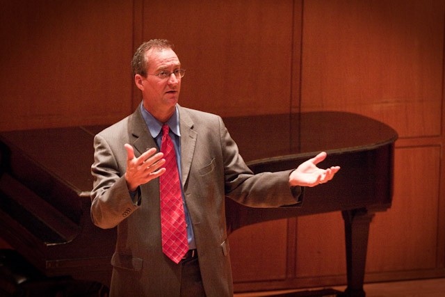 Charley Wilson, Managing Director of Communications for American Airlines and Lead Advertising and Promotions Chair for the Superbowl XLV committee, speaks with students Wednesday evening inside O’Donnell Hall.