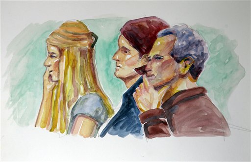 From left, Mary Katherine Smart, her mother Lois Smart, and father Ed Smart are depicted in this courtroom sketch Monday, Nov. 8, 2010 in Salt Lake City. Opening arguments in the Brian David Mitchell trial relating to the kidnapping of Elizabeth Smart in 2002 resumed Monday after a three-judge panel of the Federal Appeals Court stopped the trial last Thursday in a motion to have it moved out of Utah.