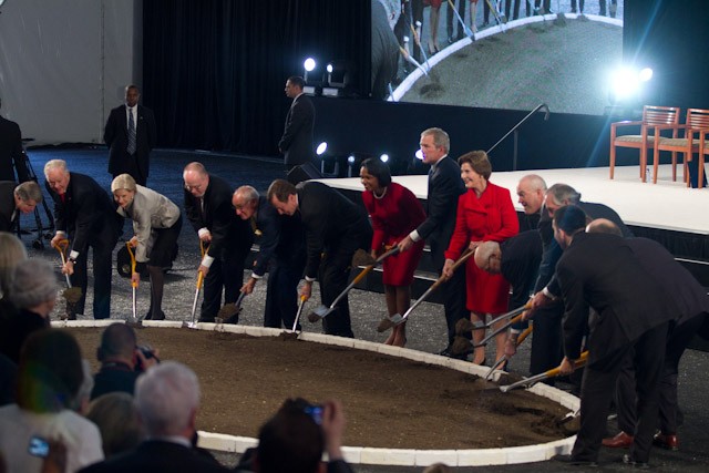 Participating in the groundbreaking for the Bush President Center were (shown left to right below) David S. Ferriero, Archivist of the United States; Ray Hunt, co-chair of the Bush Foundation Finance Committee, SMU trustee and chairman of Hunt Oil Company; Caren Prothro – chair of the SMU Board of Trustees; Alan Lowe, director of the Bush Presidential Library and Museum; Robert Stern, architect for the Bush Presidential Center; R. Gerald Turner, president of SMU; Condoleezza Rice, chair of the B