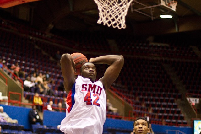 SMU forward Papa Dia goes for a slam dunk during play. SMU (4-3) takes on Louisiana Tech (5-2) tonight in Ruston, La. 