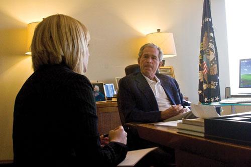 The Daily Campus politics editor, Jessica Huseman, interviews former President George W. Bush Dec. 21, 2010, in his North Dallas office. (JOSH PARR/The Daily Campus)