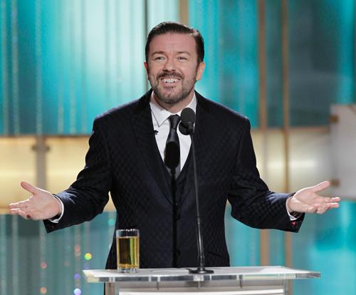 In this publicity image released by NBC, host Ricky Gervais is shown during the 68th Annual Golden Globe Awards, Sunday, Jan. 16, 2011 in Beverly Hills, Calif. (PAUL DRINKWATER/ Associated Press)