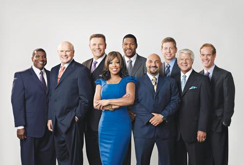 FOX sports broadcasters Curt Menefee, (from left), Terry Bradshaw, Howie Long, Pam Oliver, Michael Strahan, Jay Glazer, Troy Aikman, Jimmy Johnson, and Joe Buck complete the Super Bowl XLV broadcasting crew.