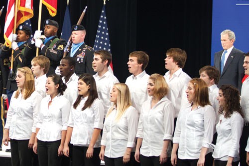 Members of the SMU Belltones A Capella group perform the National Anthem at the George W. Bush Presidential Library groundbreaking, Nov. 12, 2010.
