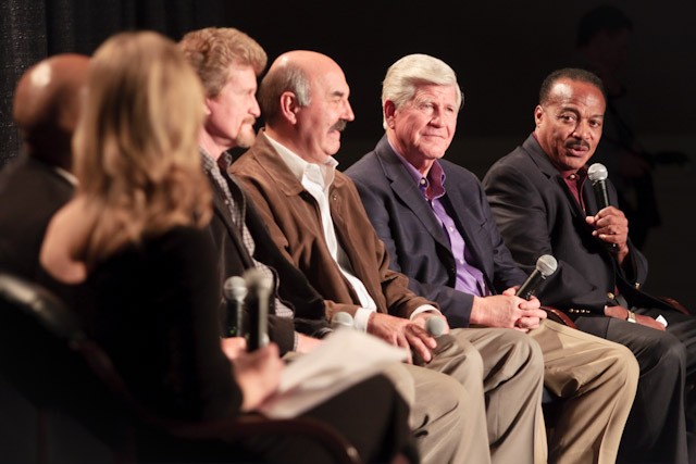 Former SMU football player Jerry LeVias, far right, speaks as part of the Fox Sports Southwest Black History Month Town Hall Forum with Jerry LeVias, Monday evening inside the Mack Ballroom.