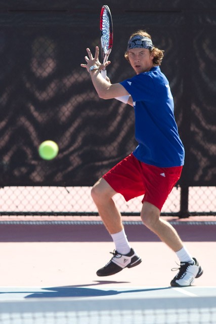 SMU senior Adham el-Effendi prepares to return a volley during doubles play Thursday afternoon against Tulsa at Turpin Tennis Stadium. SMU lost the match 4-3.