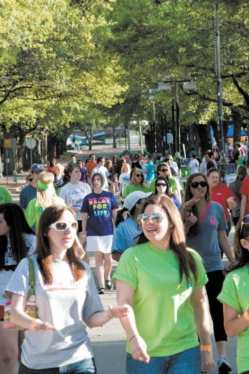 Students and members of the SMU community walking on the boulevard for the Relay For Life fundraiser last year.