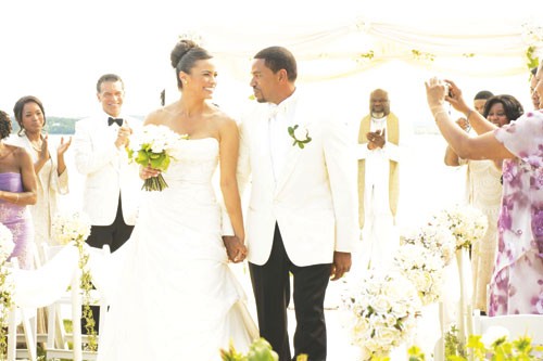 Actors Paula Patton, Laz Alonso and Dallas Pastor, Bishop T.D. Jakes star in ‘Jumping the Broom.’ 