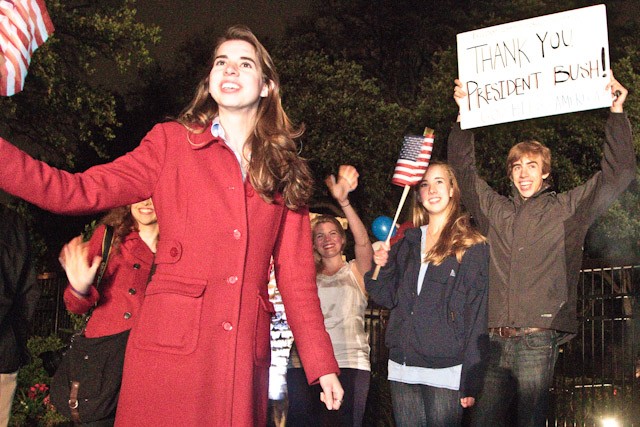 Matthew Mueller, from right, and SMU freshman Grace Mueller stand among other George W. Bush supporters outside of the former presidents Preston Hollow home in North Dallas Sunday evening after news broke of the killing of terrorist Osama Bin Laden.