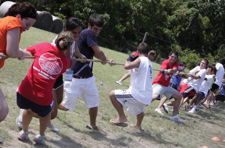Incoming freshmen from the class of 2013 play tug of war during free time at Mustang Corral 2009. 