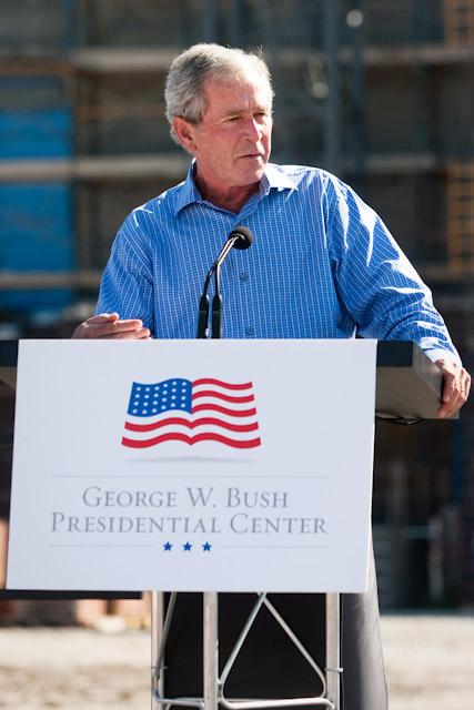 Former President George W. Bush addressed the crowd of donors, community members, and media at the Topping Out Ceremony for the George W. Bush Presidential Center Monday morning.