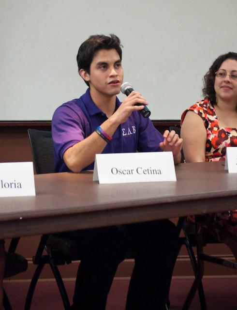 Oscar Cetina takes questions during the Latino in America event Thursday evening in the Hughes-Trigg Varsity.