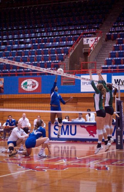 Senior outside hitter Dana Powell returns a volley during play against Tulane Saturday afternoon. SMU lost 3-1. They will play Memphis on Friday.