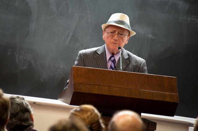 Philip Bialowitz, a survivor of the Holocaust, told his story of the rebellion in the Sobibor death camp during a lecture sponsored by the Embrey Human Rights program Thursday. 