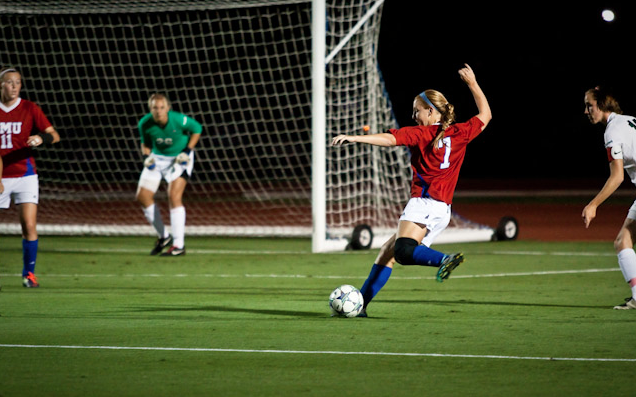 Junior forward Ryanne Lewis attempts to score a goal during Friday evenings match against Memphis at Wescott Field. SMU [won/lost] [X-X]. The Womens soccer team will play East Carolina on Sunday, their last home game of the season.