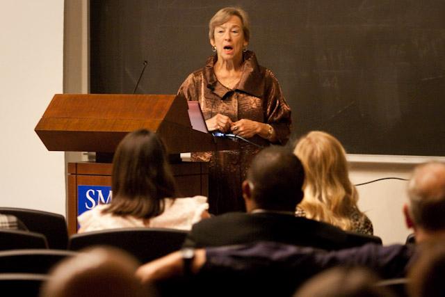 Professor Stephanie Cain Van D’Elden tells the story of Tristan and Isolde through illustrations Thursday night as part of the Gilbert Lecture series. 