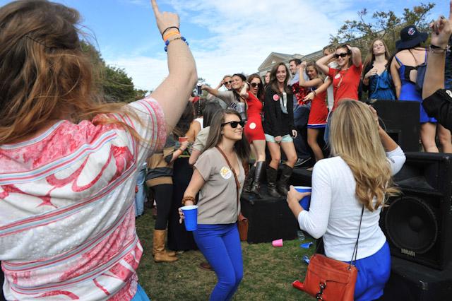 Senior Chi Omega Kelsey Curran dances at the Pi Kappa Alpha tent during Saturday’s boulevard festivities. For many seniors, Saturday was the last boulevard of their undergraduate careers.