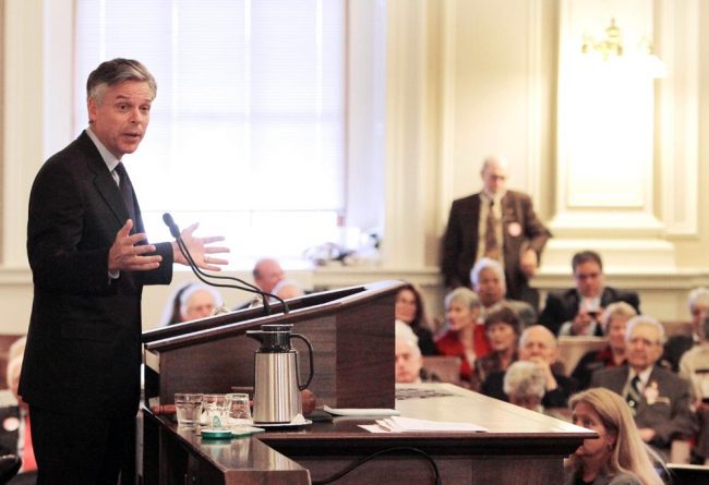 Associated Press Jon Huntsman, speaking here to the New Hampshire legislature during a campaign stop at the Statehouse in Concord, N.H., Wednesday, Nov. 30, is having a difficult time attracting hard-line conservatives to his base. 