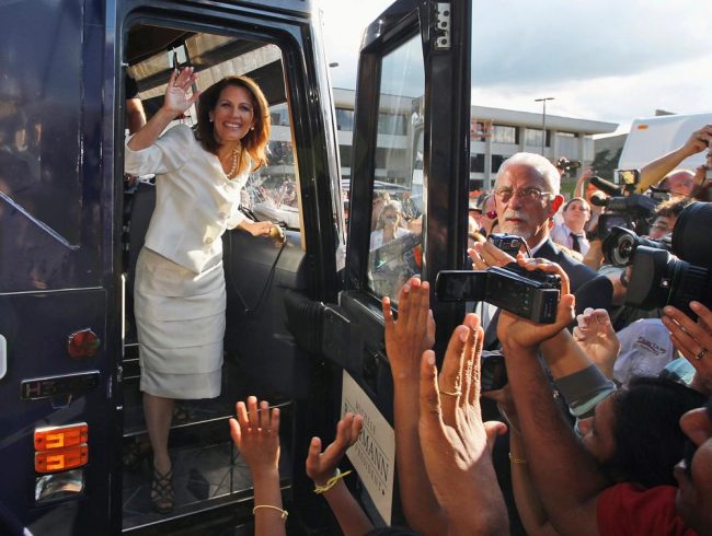 Republican presidential candidate Rep. Michele Bachmann steps from her campaign bus to greet supporters after winning the Iowa Republican Party’s Straw Poll in Ames, Iowa in August.