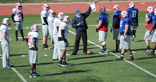 SMU head coach June Jones, center, works with players during NCAA college football practice at Panther Stadium on the Birmingham-Southern campus, in Birmingham, Ala., Wednesday, Jan. 4.