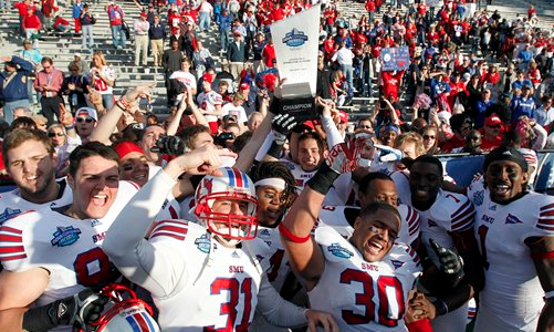 SMU players celebrate their 28-6 win over Pittsburgh in the BBVA Compass Bowl NCAA college football game on Saturday, Jan. 7 in Birmingham, Ala.