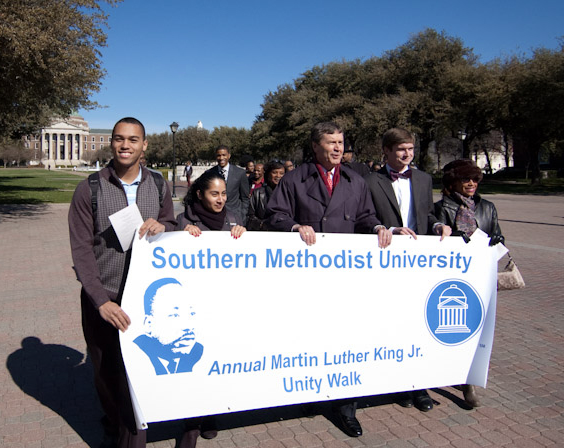 President of the Association of Black Students Fred Leach (left), Jennifer Lopez, president of College Hispanic American Students, President R. Gerald Turner, SMU Student Body President Austin Prentice and Dr. Lori White, vice president of student affairs, led the Unity Walk Wednesday afternoon as part of the Dream Week celebration. 