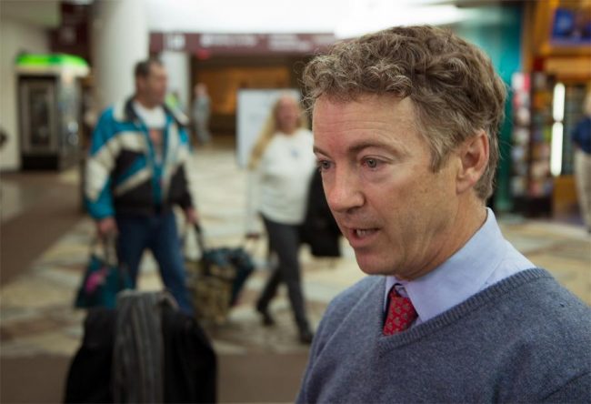 U.S. Sen. Rand Paul speaks about being stopped by security at the airport in Nashville, Tenn., on Monday. A scanner set off an alarm and targeted his knee, although the senator said he has no screws or medical hardware around the joint. He said he was “detained” in a small cubicle and couldn’t make his flight.