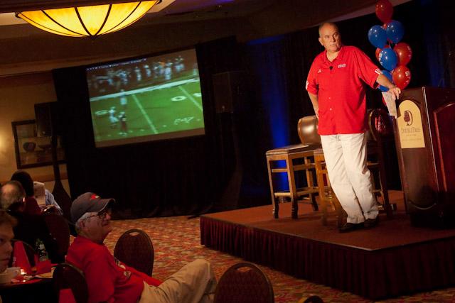 Head+football+coach+June+Jones++walks+through+each+of+the+new+recruits+with+an+audience+of+alumni+and+Mustang+fans+at+the+Doubletree+Hotel.+