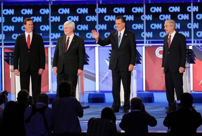 Republican nominees at a debate, whose comments regarding gay rights have attracted attention from LGBT groups.