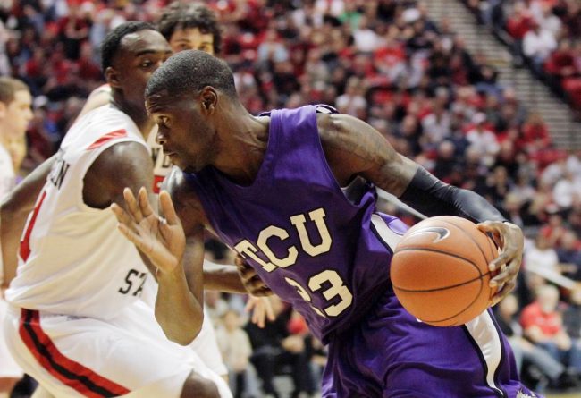 TCU’s J.R. Cadot drives along the baseline against San Diego State Saturday in San Diego. SMU and TCU will face off Wednesday evening in Moody Coliseum.