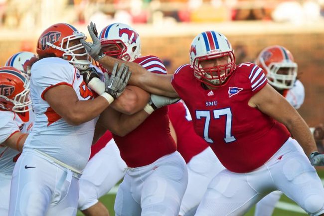 Senior offensive lineman Josh LeRibeus (77) clears the way for the SMU backfield during the Sept. 10 game against UTEP.
