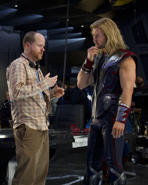 Director Joss Whedon and Chris Hemsworth on the set of “The Avengers.” Hemsworth plays Thor.