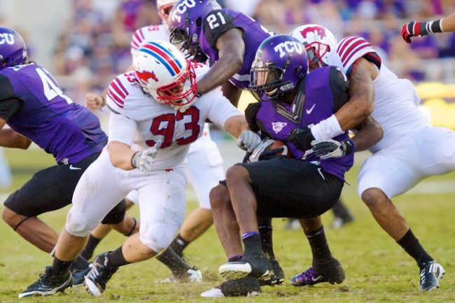 SMU+football+defeated+cross-town+rivals+TCU+40-33+in+over+time+for+the+2011+Iron+Skillet+in+Fort+Worth.