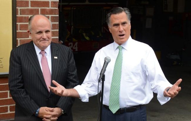 Republican presidential candidate, former Massachusetts Gov. Mitt Romney, accompanied by former New York City Mayor Rudolph Giuliani.