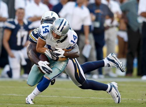 Cole Beasley is stripped of the ball in the Chargers game on Aug. 18.