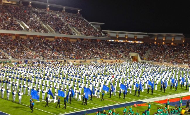 The Allen Eagle Escadrille strutted their stuff in their new $60 million stadium during their halftime performance for their opening game against Southlake Carroll. 