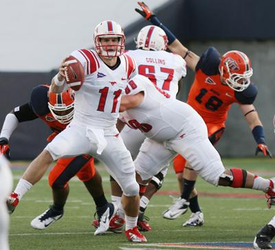 Quarter Garrett Gilbert avoided a sack and threw an incomplete pass down the field versus UTEP on Saturday. 