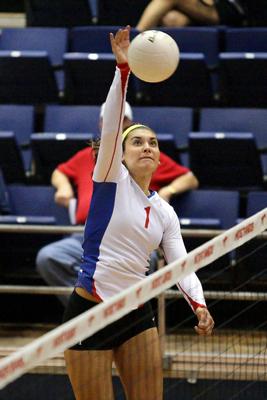 Freshman middle blocker Abbey Bybel plays in a game against ECU on Sept. 21.
