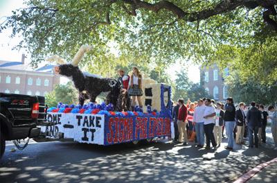The SMU Homecoming parade included floats from Greek and non-Greek organizations. 