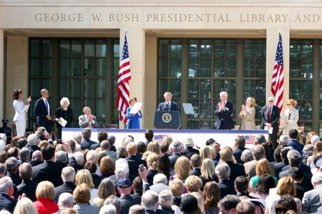 President Bush delivers a speech about his vision for the George W. Bush Presidential Library and Museum. All five living presidents were in attendance Thursday morning for the dedication ceremony on SMU campus.
