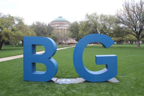 The B and G sculpture was placed in front of McFarlin Auditorium.