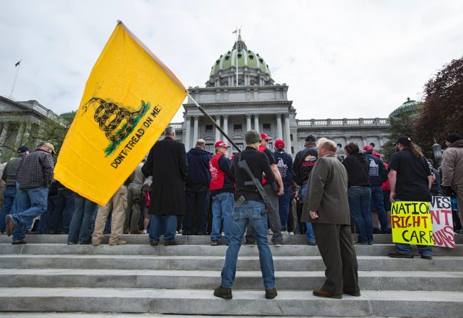 Gun rights supporters gather at the Pennsylvania State Capitol April 23.