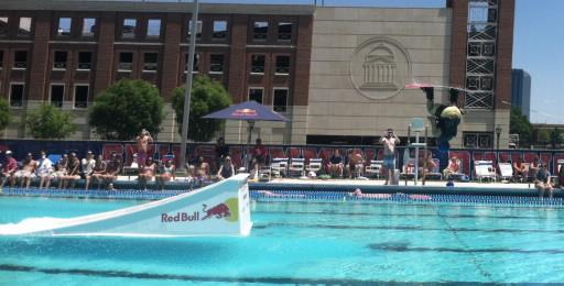 Jay Miller, who placed third in the wakeboarding competition May 7, hits a backflip in Barr pool on SMU campus.