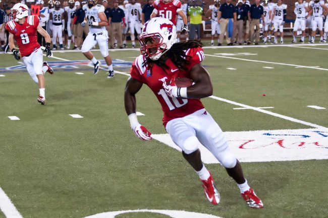 SMU wide receiver Darius Joseph caught 12 passes for 113 yards and the game- winning touchdown against MSU Sep. 7 (Courtesy of Douglas Fejer).