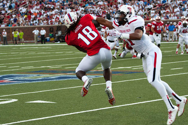 SMU receiver Darius Joseph goes up for a catch against Texas Tech on Aug. 30 at Ford Stadium. (Courtesy of Douglas Fejer)