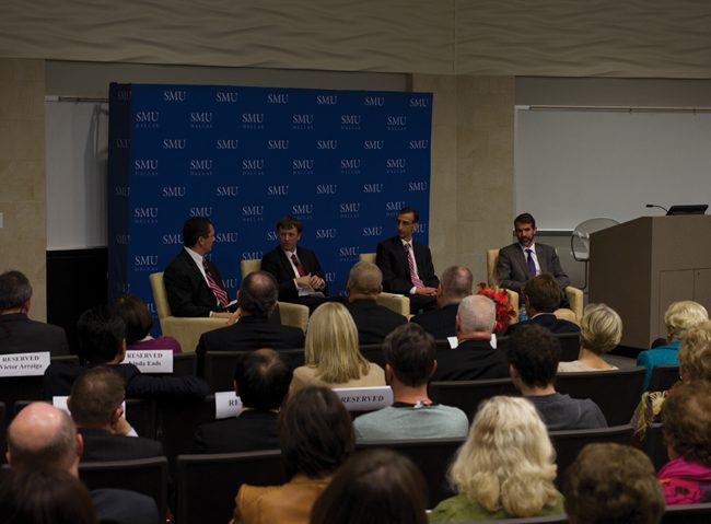 Moderator Jeffrey Engel speaks with National Security Agency Director of Compliance John DeLong and professors Jeffrey Kahn and Joshua Rovner at Tuesday night’s panel on intelligence and privacy.Photo credit: Ellen Smith.